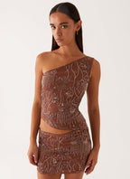Through The Night One Shoulder Mini Dress - Chocolate