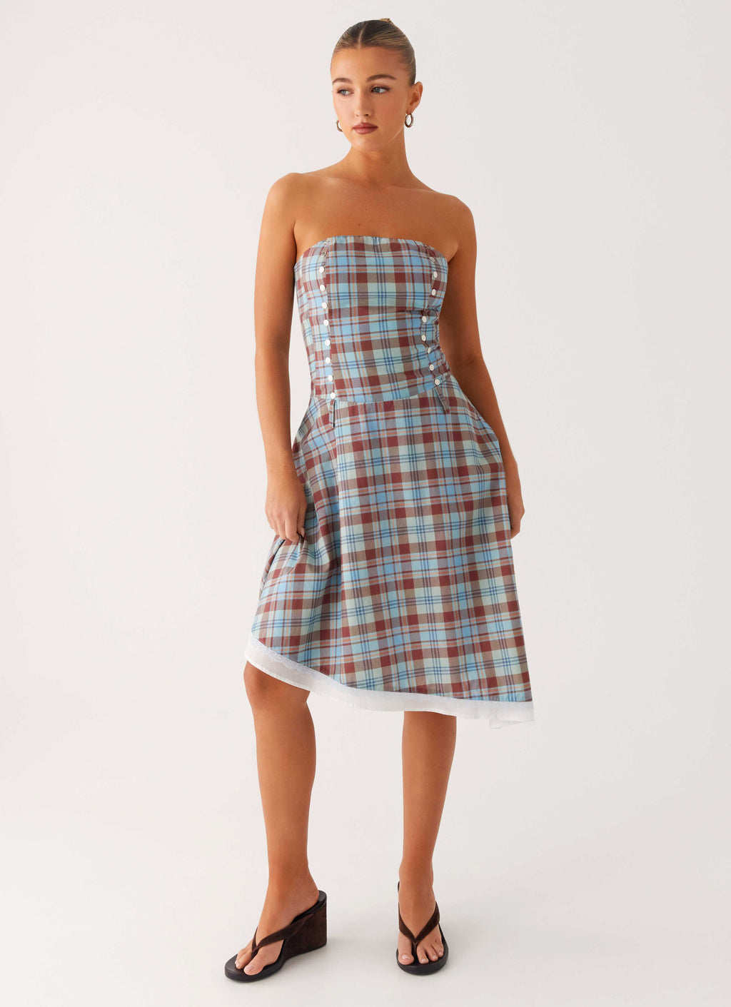 Tonie Strapless Midi Dress - Shoreline Check
