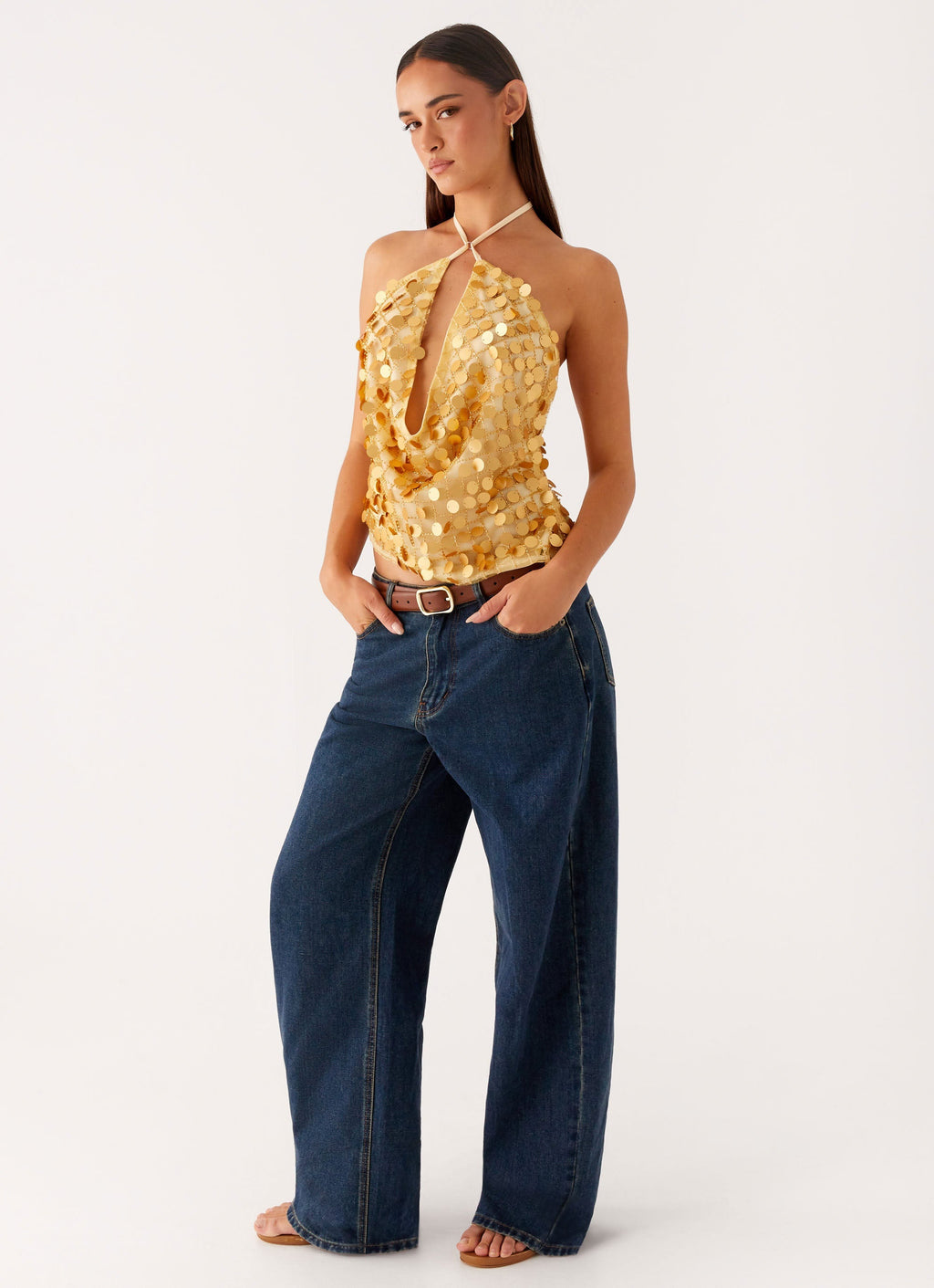 Xander Sequin Halter Top - Gold