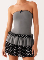 Yerin Strapless Frill Mini Dress - Grey Polkadot