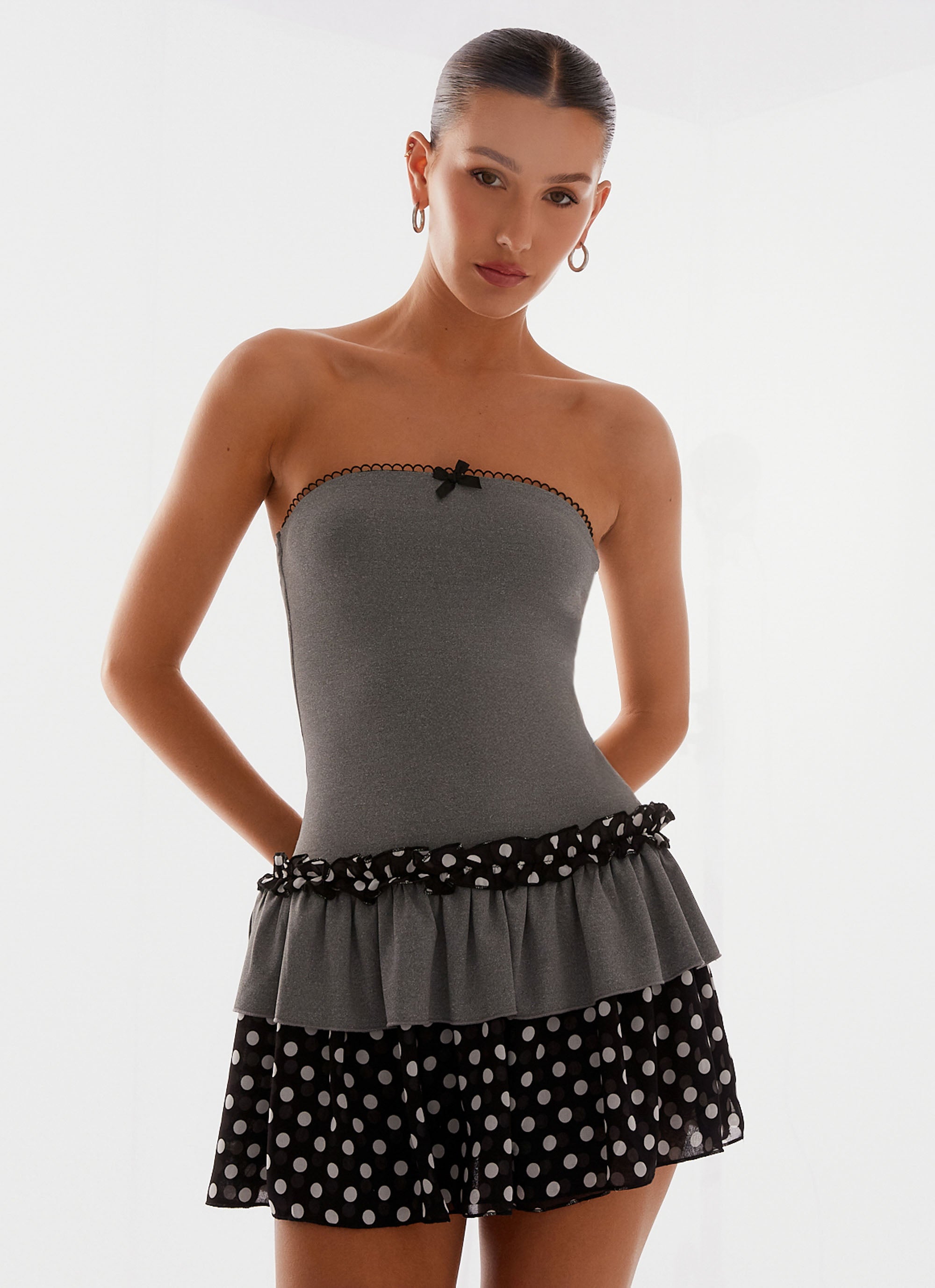 Yerin Strapless Frill Mini Dress - Grey Polkadot