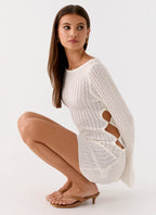 Zenzi Long Sleeve Crochet Mini Dress - White
